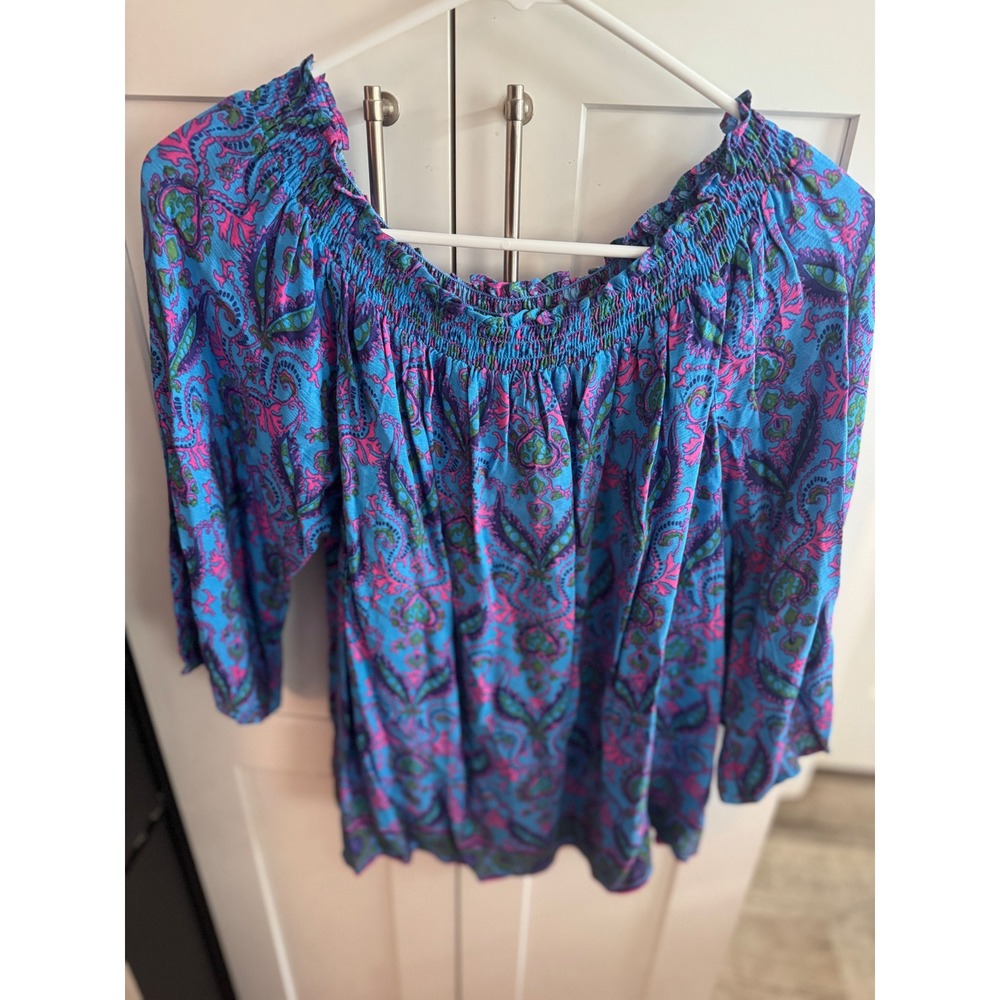 Southern Tide Womens Blue Paisley Smocked Off The Shoulder Blouse Top Large